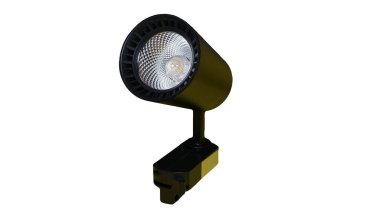 Modern LED lamba, beyaz arka planda izole spot ışığı, siyah iç spot ışığı.