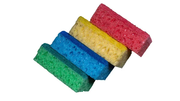 Conjunto Panos Multicoloridos Isolado Fundo Branco Esponjas Para Lavar Pratos — Fotografia de Stock