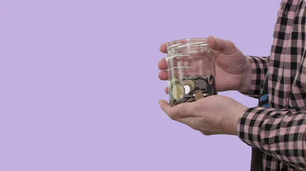 Money Piggy Bank Hands Man Coins Glass Jar Hands Man — Stock Fotó