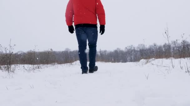 Szczęśliwy Człowiek Chodzi Zaśnieżonej Ziemi Młody Człowiek Kurtce Zimowej Naturze — Wideo stockowe