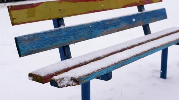 雪に覆われた虹の木製のベンチ 座っているためのベンチがある冬の背景 雪の結晶は色のベンチに落ちます — ストック動画