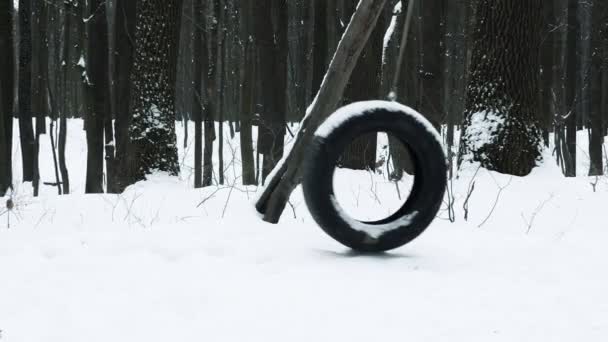 在冬天的森林里 从车轮上摆动着 高高的雪地覆盖着树木 没有人从挂在树上的橡胶轮胎上摆动 — 图库视频影像