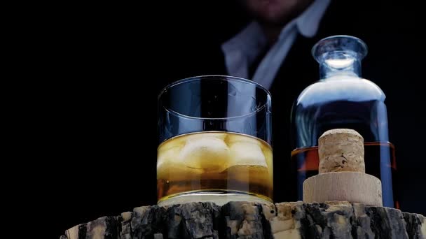 Man Elegant Clothes Drinks Whiskey Wooden Bar Counter Whiskey Ice — Stock video
