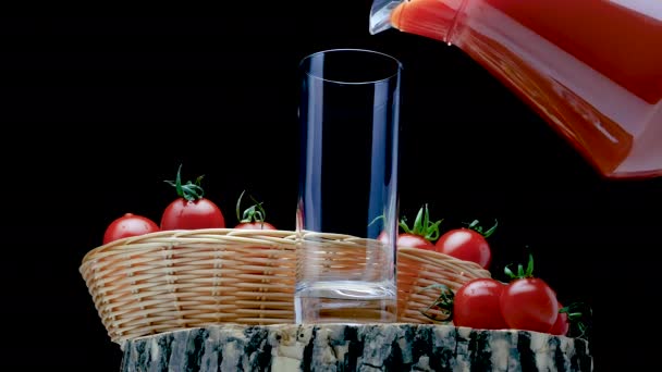 Still Life Tomato Juice Tomatoes Wooden Board Black Background Pour — 비디오