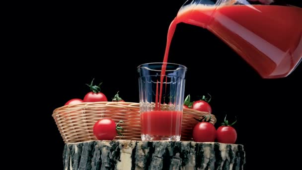 Fresh Natural Tomato Juice Fresh Tomatoes Rustic Style Black Background — Stock Video
