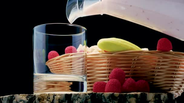 Pour Fruit Yogurt Glass Black Background Studio Shot Natural Yogurt — Vídeo de Stock