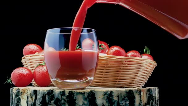Pour Tomato Juice Glass Wooden Board Black Background Fresh Tomatoes — Stock Video