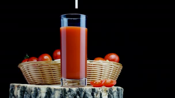 Tomato Cocktail Glass Straw Black Background Fresh Tomatoes Basket Storing — Stock Video