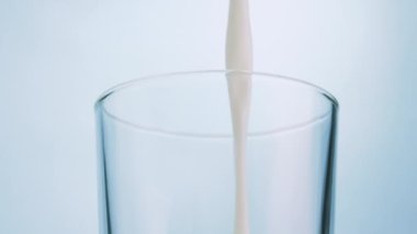 Bir bardağa taze süt dökün güzel mavi bir arka planda, bir süt ürünü, doğal süt bir bardağa dökülür.