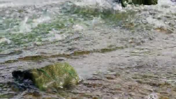 Prachtige Natuur Met Waterstroom Water Spat Bergstenen Een Kabbelende Beek — Stockvideo