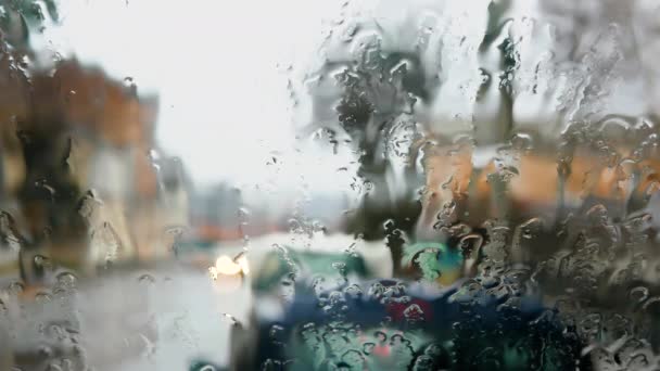 Kraftigt Regn Vindrutan Bil Droppar Rinna Ner Glaset Bakgrunden Regn — Stockvideo
