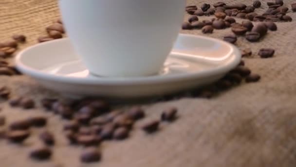 Une Tasse Café Avec Des Grains Café Dans Style Rustique — Video