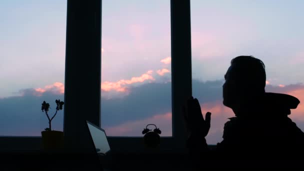 Desperate Man His Desk Depression Silhouette Man Tired Sunset Human — Stock Video