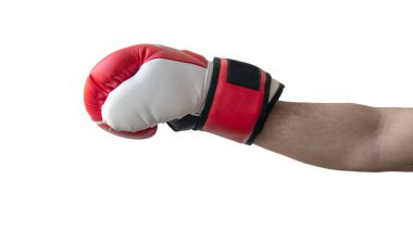 Male hand in a red boxing glove isolated on white background. Boxing glove blow
