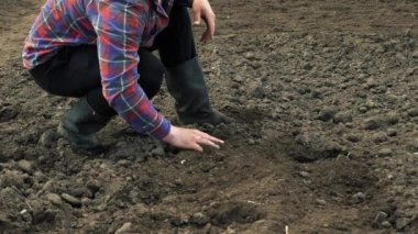 Cultivated land. Farmel strokes the black earth with his hands. A farmer in boots on black soil checks the soil for growing vegetables, checks the soil, analyzes the fertilizer of the land, the farmer checks the condition of the land
