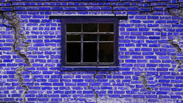 Background of an old brick house with a wooden window. The wall is brick blue with cracks and a window