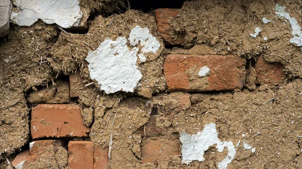 Texture of an ancient wall made of clay straw and bricks