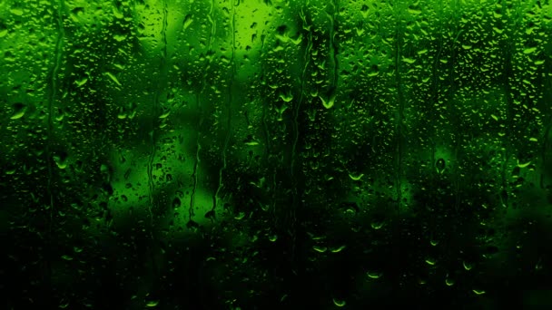 Дождевой Фон Неоновом Зеленом Цвете Капли Стекают Стеклу Копируют Космический — стоковое видео