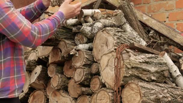 Een Man Met Hout Zijn Handen Droge Hennep Van Hout — Stockvideo