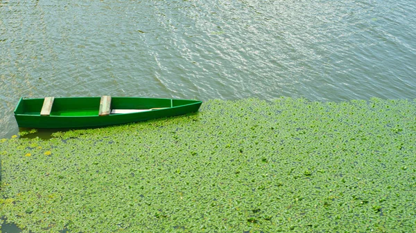 Green Boat River Fishing Boat Thickets Lilies River — Stock Photo, Image