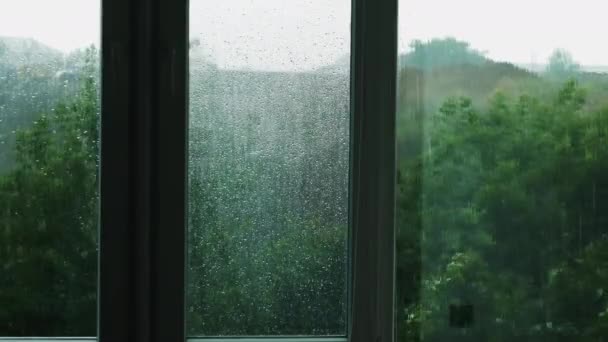 Climate Changing Hurricane Window Heavy Rain Wind Drops Water Glass — Stock Video