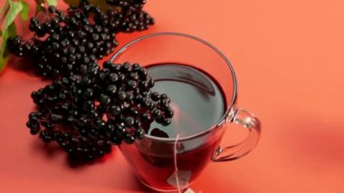 Şeffaf cam bardakta kırmızı mürver çayı, kırmızı bitkisel çay, çay fincanında olgun mürver üzümü.