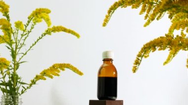 Otların tentürü dağ bitkileri tıbbi homeopati, beyaz arka planda bir kavanoz ilaç ve otlar.