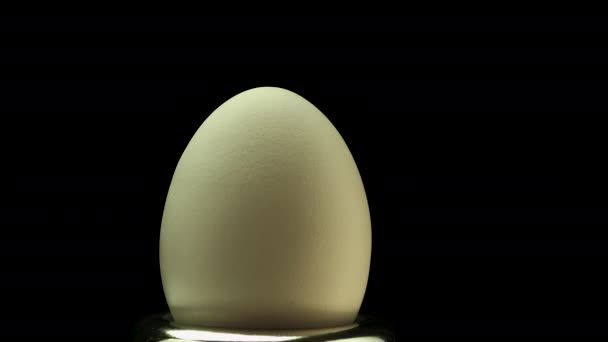 鸡蛋在黑色背景上旋转的特写 把空壳里的蛋捡起来 — 图库视频影像
