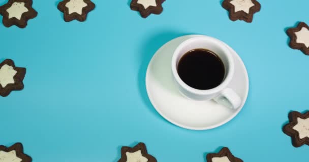 Tazza Caffè Animazione Stop Motion Con Pasticcini Vista Dall Alto — Video Stock