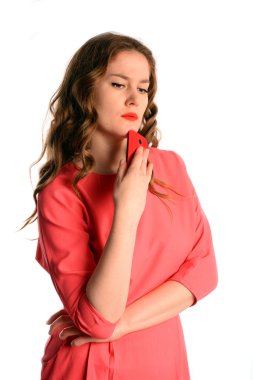 Closeup portrait upset sad serious woman with phone . Isolated on white background.