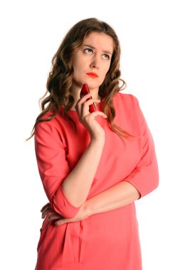 Closeup portrait upset sad, skeptical, unhappy, serious woman with phone. Isolated on white background.