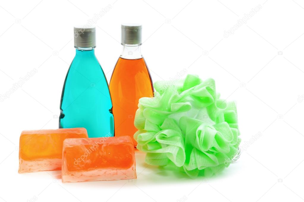 Handmade soap, two bottle of shower gel  and soft bath puff or sponge.
