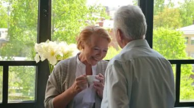 mutlu çift eski çay içme sevgi dolu ve birbirimizi karşısında konuşurken