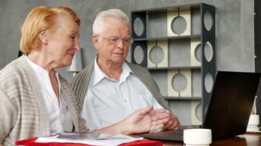 Yaşlı çift rahat oturma odasında internette aile ile iletişim içinde eğleniyor