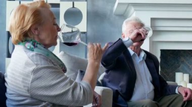 şarap içmek, konuşmak ve gülümseyen mutlu yaşlı çift