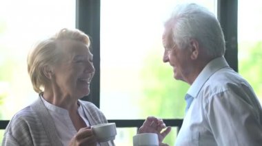 sevgi dolu ve mutlu yaşlı çift modern bir daire. konuşma, çay ve gülmek iç