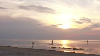 Su ıslak ve yapım su sıçramalarına alma günbatımı çalışan Denizde yüzme arkadaş grubu