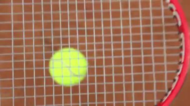 Tenis raketi ve yeni boyanmış tenis kortunda yeni bir tenis topu.