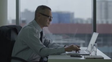 yaşlı işadamı modern ofisindeki bilgisayarla çalışma. Sırtı ağrıyor olduğunu