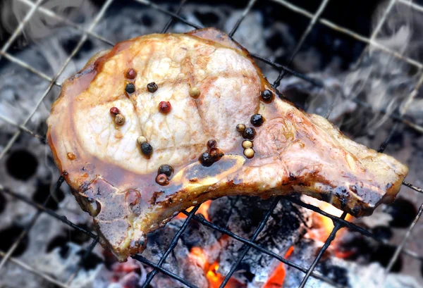 Costeletas de porco churrasqueira no fogo de carvão — Fotografia de Stock