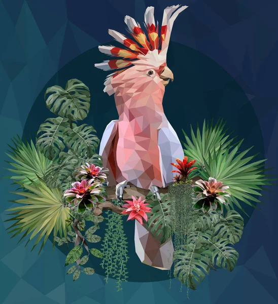 Polygonale Illustratie Roze Kaketoe Vogel Amazone Planten — Stockvector