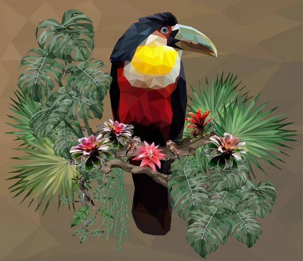 Polygonal Illustration Toucan Fågel Och Amazonas Skog Växter — Stock vektor