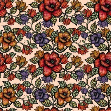 Kusursuz desenli el, çiçek açan çiçeği retro tarzında çizmiş..