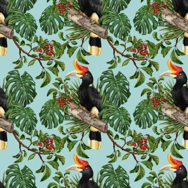 Kusursuz desenli el, bitki yaprakları ve tropikal kuşlarla birlikte meyve boyası çizmiş..