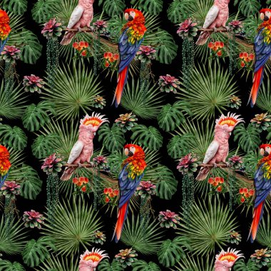 Kusursuz desenli el, bitki yaprakları ve tropikal kuşlarla birlikte meyve boyası çizmiş..