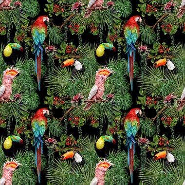 Kusursuz desenli el, bitki yaprakları ve tropikal kuşlarla birlikte meyve boyası çizmiş..