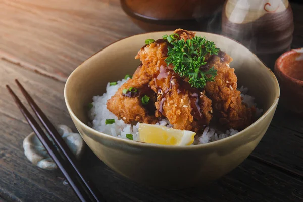 Japoński Styl Chrupiące Kurczaka Ryżem Sosem Przez Wewnętrzne Niskie Oświetlenie — Zdjęcie stockowe