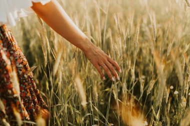 Seyahat, özgürlük ve bağımsızlık ruhu. Sahada gün batımında koşan aşık mutlu genç çift. Dağınık saçlar. Özgürlük ve aşk kavramı. El ele tutuşun..