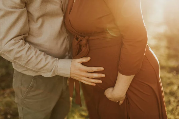 怀孕的夫妇 夫妻手拉手在肚子上 怀孕的概念 在夕阳西下快乐的怀孕家庭 — 图库照片