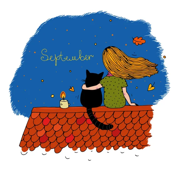 Gadis dan kucing di atap - Stok Vektor